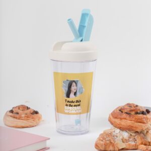 Cốc nhựa hai lớp siêu âm, kèm ống hút thiết kế hình ảnh, thông điệp cá nhân